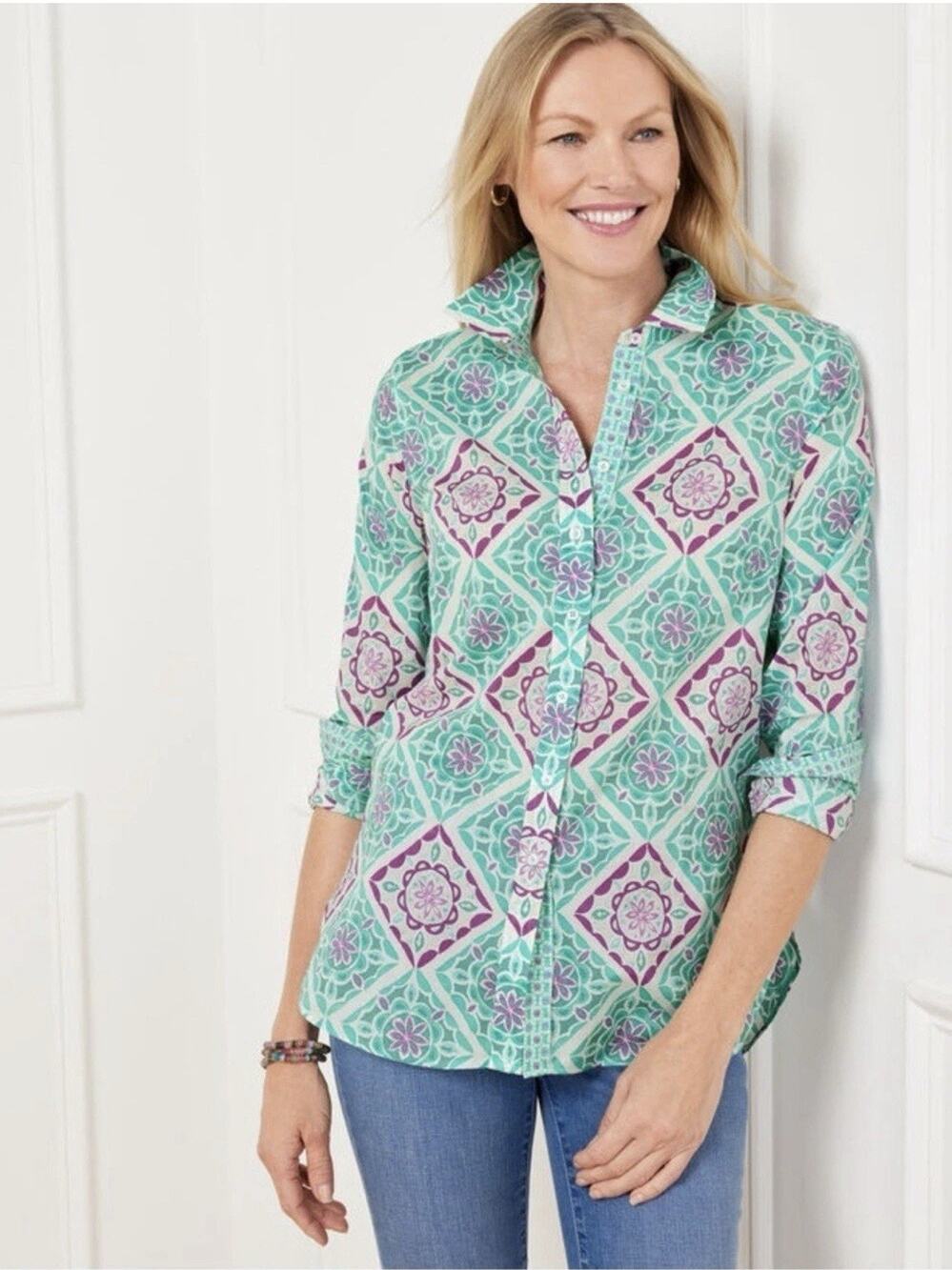 Talbots Teal Purple Medallion Monaco Tiles Button Up Long Sleeve Shirt Blouse M
